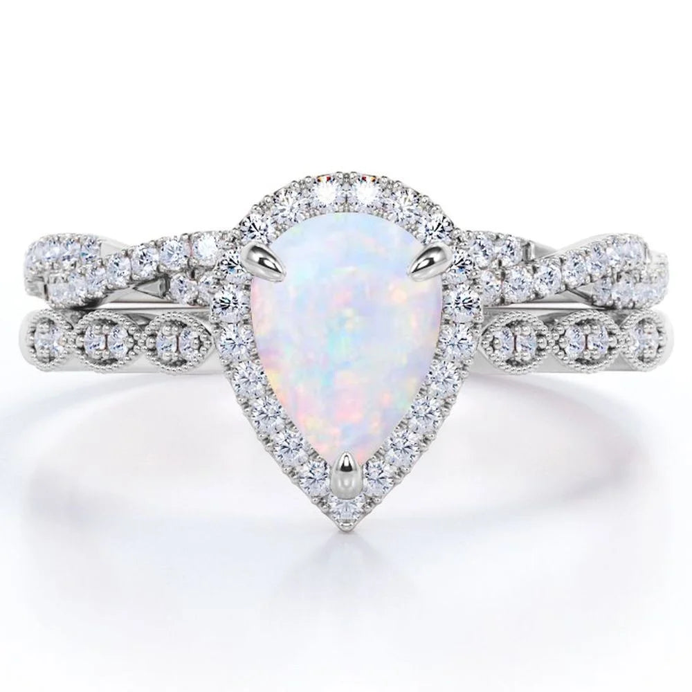 1.5 Carat Pear Cut Lab Created Opal and Moissanite Vintage Engagement Ring - Halo Pave Bridal Set in 18K White Gold Plating for Women
