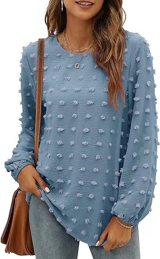 Blouses for Women Crewneck Long Sleeve Tops Chiffon Pom Pom Shirts Fall Casual