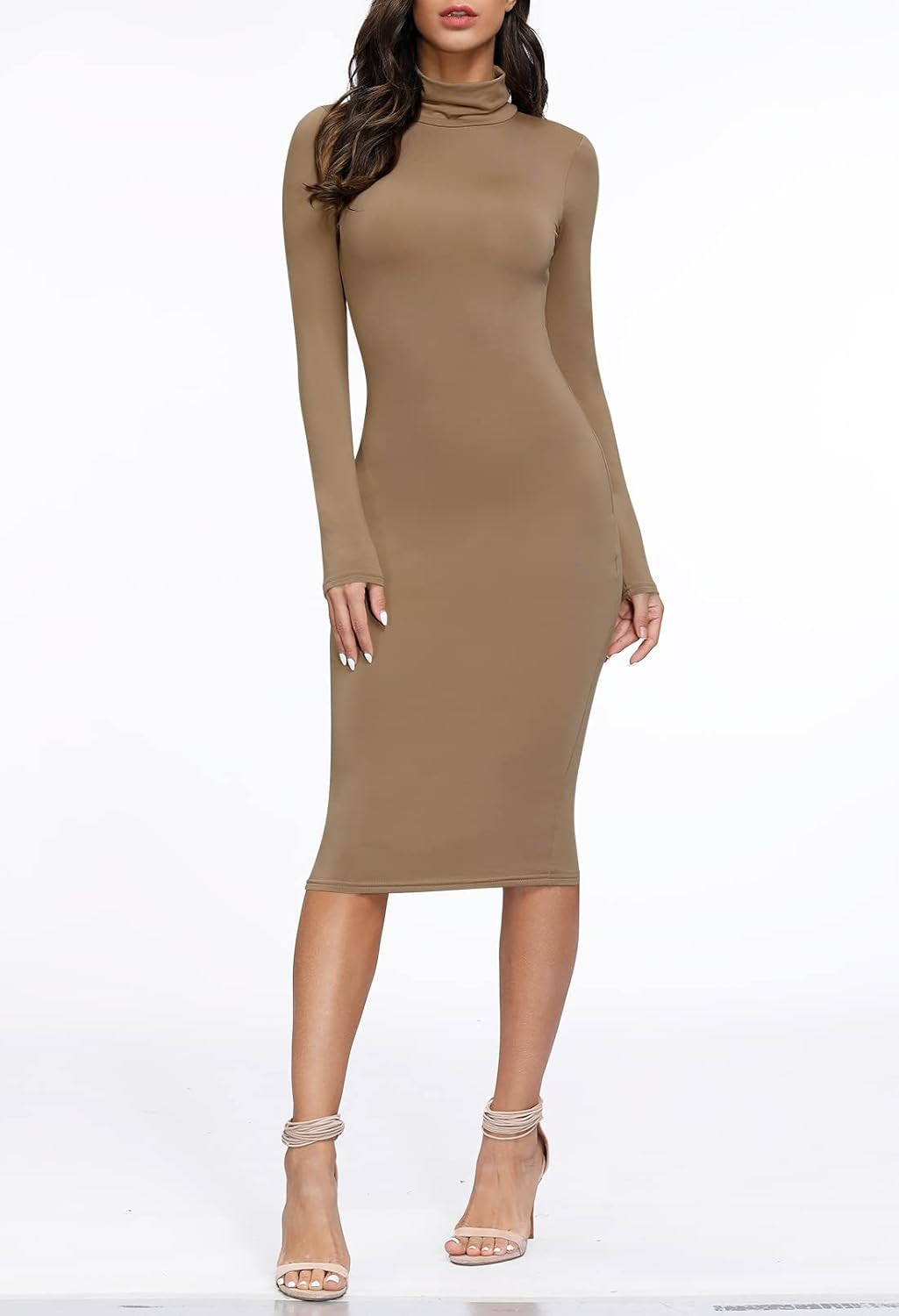 Womens Sexy Fall Knit Dress High Neck Long Sleeve Bodycon Midi Winter Dresses