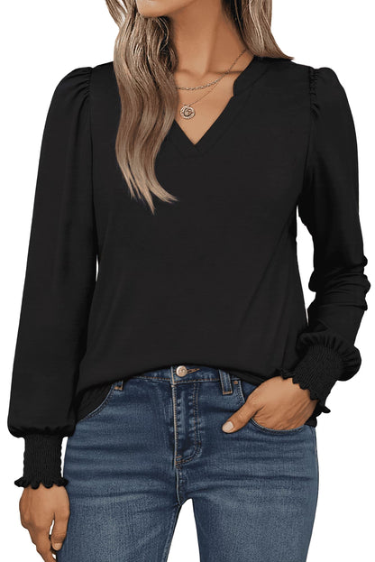 Womens Tops Fall Long Sleeve Shirts Business Casual V Neck Loose T-Shirts Dressy Work Tops with Smocked Cuffs