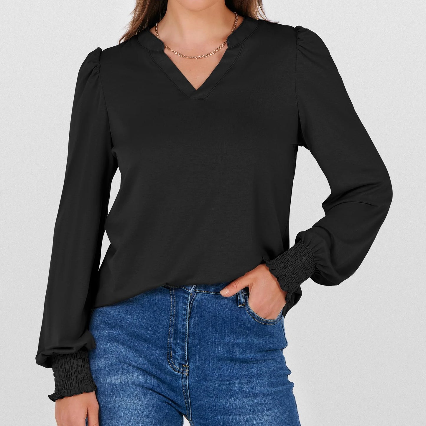 Womens Tops Fall Long Sleeve Shirts Business Casual V Neck Loose T-Shirts Dressy Work Tops with Smocked Cuffs
