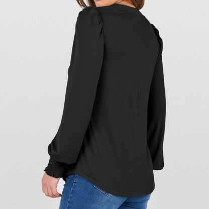 Womens Tops Fall Long Sleeve Shirts Business Casual V Neck Loose T-Shirts Dressy Work Tops with Smocked Cuffs