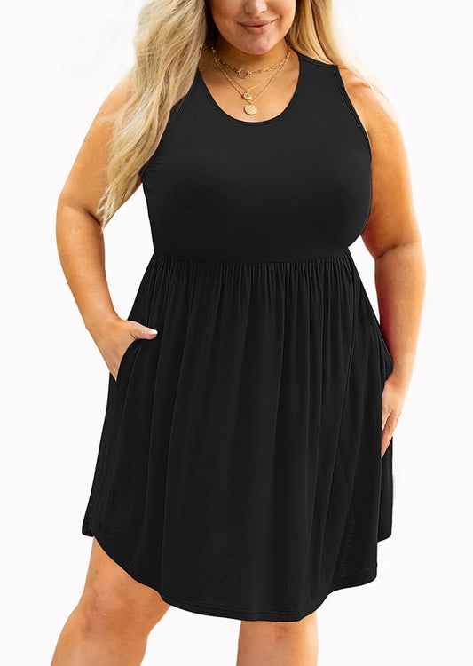 plus Size Summer Dress for Women Black 3X Casual Sleeveless Crewneck Flowy Pleated Sun Beach Boho Elegant Girls Babydoll Swing Dresses with Pockets